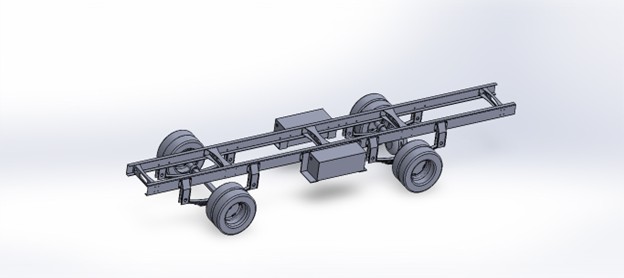 Isometric view of the Eicher bus chassis CAD model created in SolidWorks